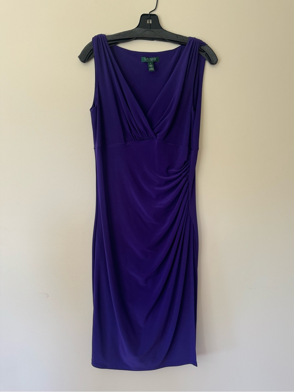 Ralph Lauren Deep Purple Sleeveless V-Neck Draped Jersey Dress